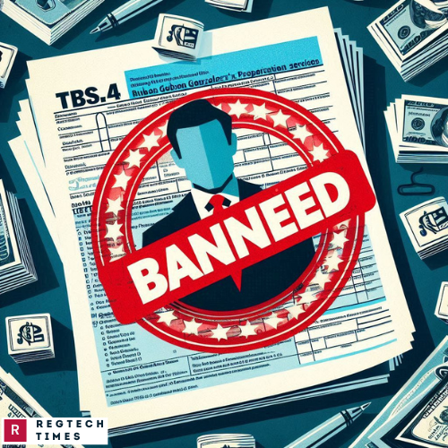 A graphic of a tax return document with a red ‘Banned’ stamp over it, representing the ban on Ruben Gonzalez's tax preparation services.