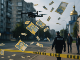 leaflets disguised as 100-hryvnia banknotes