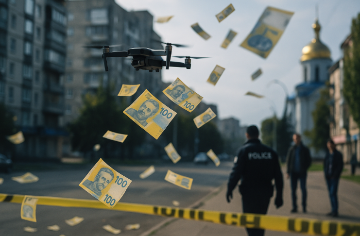 leaflets disguised as 100-hryvnia banknotes